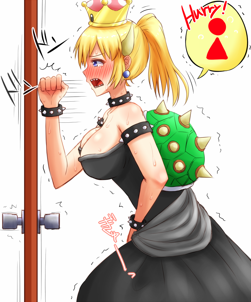 1girl apotei armlet bangs bare_shoulders between_legs black_dress blonde_hair blue_eyes blush bowsette bracelet breasts cleavage clenched_hand collar collarbone crown door doorknob dress earrings embarrassed english_text eyebrows_visible_through_hair female from_side hand_between_legs hand_up have_to_pee horns japanese_text jewelry knocking large_breasts mario_(series) motion_lines new_super_mario_bros._u_deluxe nintendo nose_blush open_mouth ponytail profile sharp_teeth shiny shiny_hair simple_background solo speech_bubble spiked_bracelet spiked_collar spikes standing strapless strapless_dress super_crown sweat tears teeth tied_hair translation_request trembling urine_meter white_background