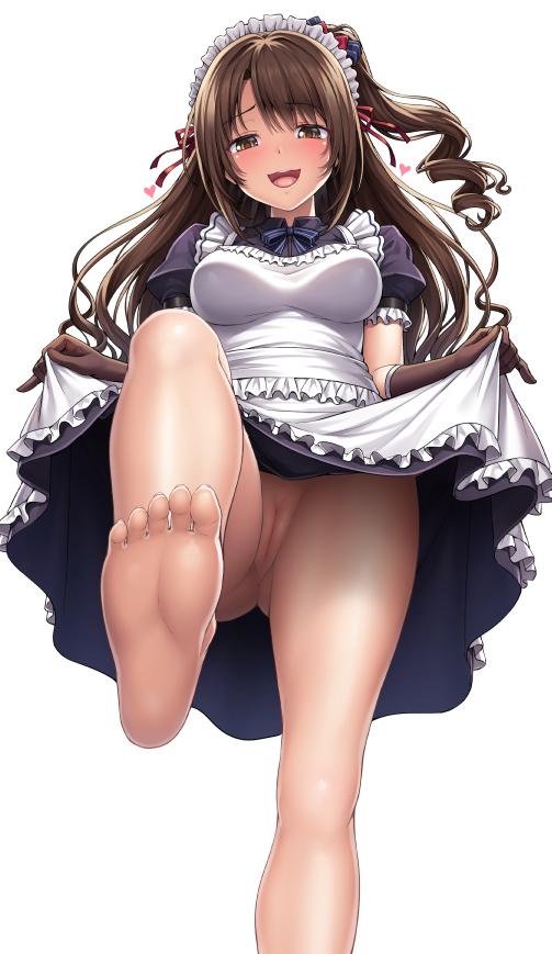 :d alternate_costume apron apron_lift ass_visible_through_thighs bangs bare_legs barefoot black_dress black_gloves blue_neckwear blue_ribbon blush breasts brown_eyes brown_hair collared_dress dress dress_lift elbow_gloves enmaided eyebrows_visible_through_hair feet frilled_apron frilled_sleeves frills from_below gloves hair_ribbon heart idolmaster idolmaster_cinderella_girls lambda_(kusowarota) lifted_by_self long_hair looking_at_viewer looking_down maid maid_headdress medium_breasts neck_ribbon no_panties one_side_up open_mouth puffy_short_sleeves puffy_sleeves pussy red_ribbon ribbon shimamura_uzuki short_sleeves simple_background smile soles solo standing standing_on_one_leg toes uncensored upper_teeth upskirt very_long_hair wavy_hair white_apron white_background wing_collar