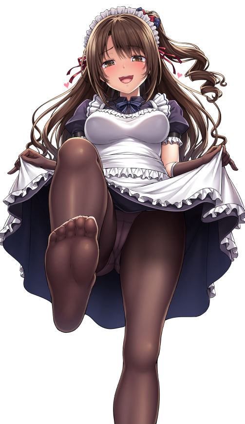 :d alternate_costume apron apron_lift ass_visible_through_thighs bangs black_dress black_gloves black_legwear blue_neckwear blue_ribbon blush breasts brown_eyes brown_hair cameltoe collared_dress commentary_request dress dress_lift elbow_gloves enmaided eyebrows_visible_through_hair feet frilled_apron frilled_sleeves frills from_below gloves hair_ribbon heart idolmaster idolmaster_cinderella_girls lambda_(kusowarota) lifted_by_self long_hair looking_at_viewer looking_down maid maid_headdress medium_breasts neck_ribbon one_side_up open_mouth panties panties_under_pantyhose pantyhose puffy_short_sleeves puffy_sleeves red_ribbon ribbon shimamura_uzuki short_sleeves simple_background smile soles solo standing standing_on_one_leg toes underwear upper_teeth upskirt very_long_hair wavy_hair white_apron white_background white_panties wing_collar