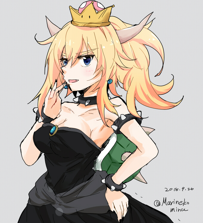 1girl bare_shoulders black_dress blonde_hair blue_eyes blush bowsette bracelet breasts cleavage collar crown dress earrings horns jewelry large_breasts mario_(series) nail_polish nintendo open_mouth pointy_ears solo spiked_bracelet spiked_collar spikes super_crown