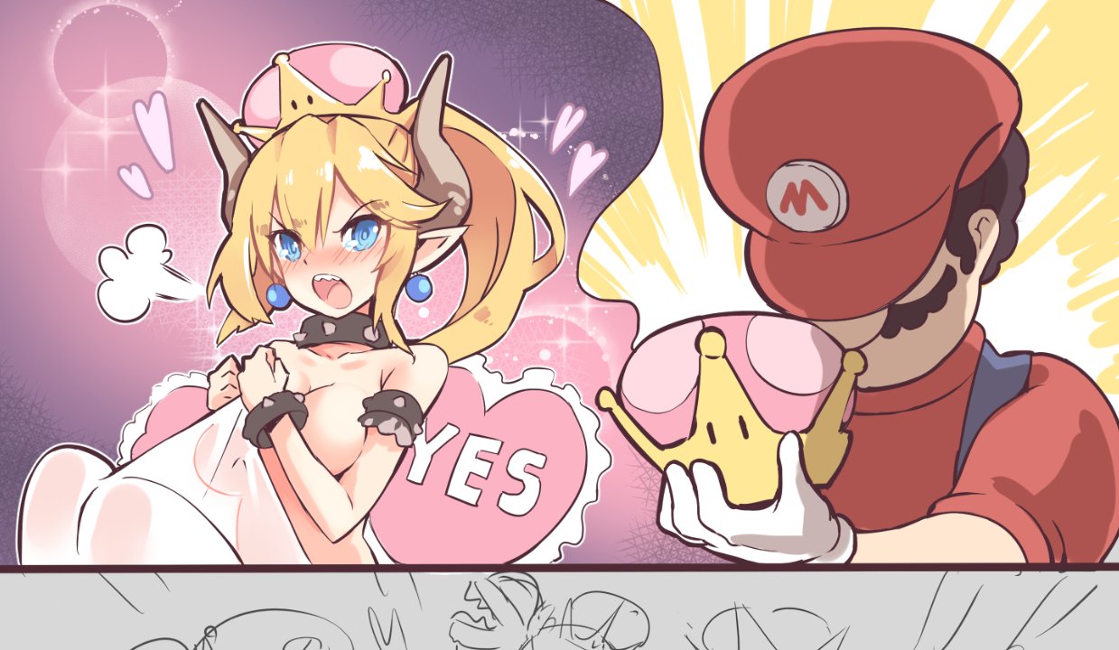 1girl :o angry bed_sheet black_hair blonde_hair blue_eyes blush bowsette bracelet breasts collar commentary covering covering_breasts crown earrings facial_hair giving gloves hat heart heart_pillow holding_crown horns jewelry large_breasts long_hair mario mario_(series) mustache new_super_mario_bros._u_deluxe nude phandit_thirathon pillow pointy_ears ponytail red_hat sheet_grab spiked_armlet spiked_bracelet spiked_collar spikes super_crown tsundere white_gloves yes yes-no_pillow