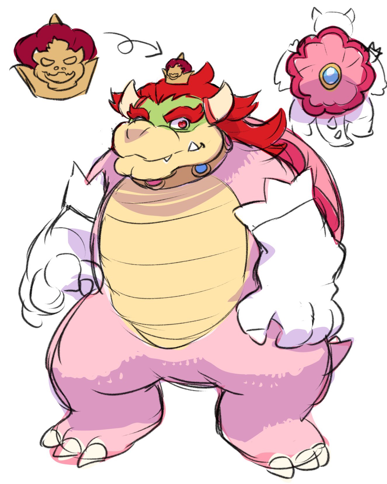 check_commentary collar commentary_request elbow_gloves fang full_body gem genderswap genderswap_(ftm) gloves highres horns lord_peach male_focus mario_(series) monster new_super_mario_bros._u_deluxe red_eyes red_hair reference_sheet role_reversal shell sketch starparlor transformation