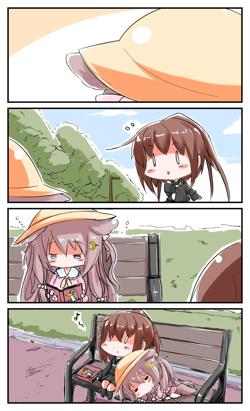 2girls 4koma animal_ears azur_lane bench black_shirt black_skirt blue_eyes blush_stickers book brown_hair chibi closed_eyes cloud comic commentary crescent crescent_hair_ornament crescent_moon_pin crossover dog_ears dog_tail failure_penguin fumizuki_(azur_lane) fumizuki_(kantai_collection) hair_ornament hand_to_own_mouth hat highres kantai_collection lap_pillow long_hair lying miss_cloud multiple_girls musical_note namesake on_side outdoors pantyhose pink_shirt pink_skirt ponytail reading school_uniform shirt silent_comic sitting sketch skirt sky sleeping sleepy tail tree white_legwear yagami_kamiya