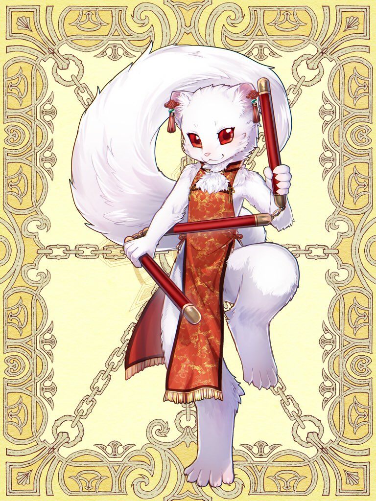 1girl chinese_clothes e_12350 ferret furry pose red_eyes smile solo stick