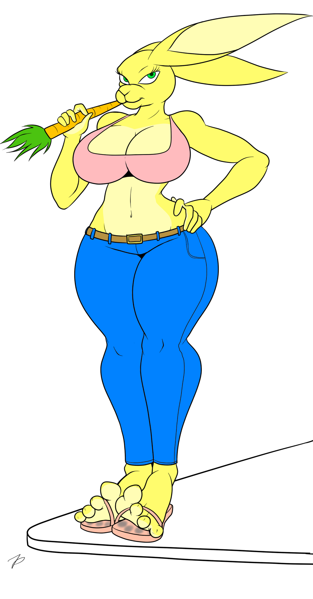 2013 4_toes anthro belt big_breasts big_ears breasts carrot cleavage clothed clothing feet female flip_flops food footwear green_eyes hi_res jeans jenn_(zp92) lagomorph long_ears looking_at_viewer mammal midriff pants paws rabbit sandals shirt solo tank_top toes vegetable zp92