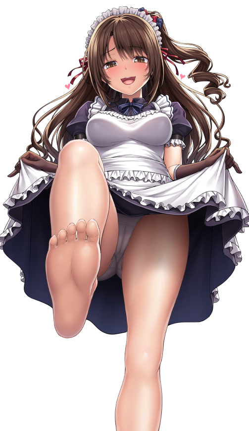 :d alternate_costume apron apron_lift ass_visible_through_thighs bangs bare_legs barefoot black_dress black_gloves blue_neckwear blue_ribbon blush breasts brown_eyes brown_hair cameltoe collared_dress dress dress_lift elbow_gloves enmaided eyebrows_visible_through_hair feet frilled_apron frilled_sleeves frills from_below gloves hair_ribbon heart idolmaster idolmaster_cinderella_girls lambda_(kusowarota) lifted_by_self long_hair looking_at_viewer looking_down maid maid_headdress medium_breasts neck_ribbon one_side_up open_mouth panties puffy_short_sleeves puffy_sleeves red_ribbon ribbon shimamura_uzuki short_sleeves simple_background smile soles solo standing standing_on_one_leg toes underwear upper_teeth upskirt very_long_hair wavy_hair white_apron white_background white_panties wing_collar