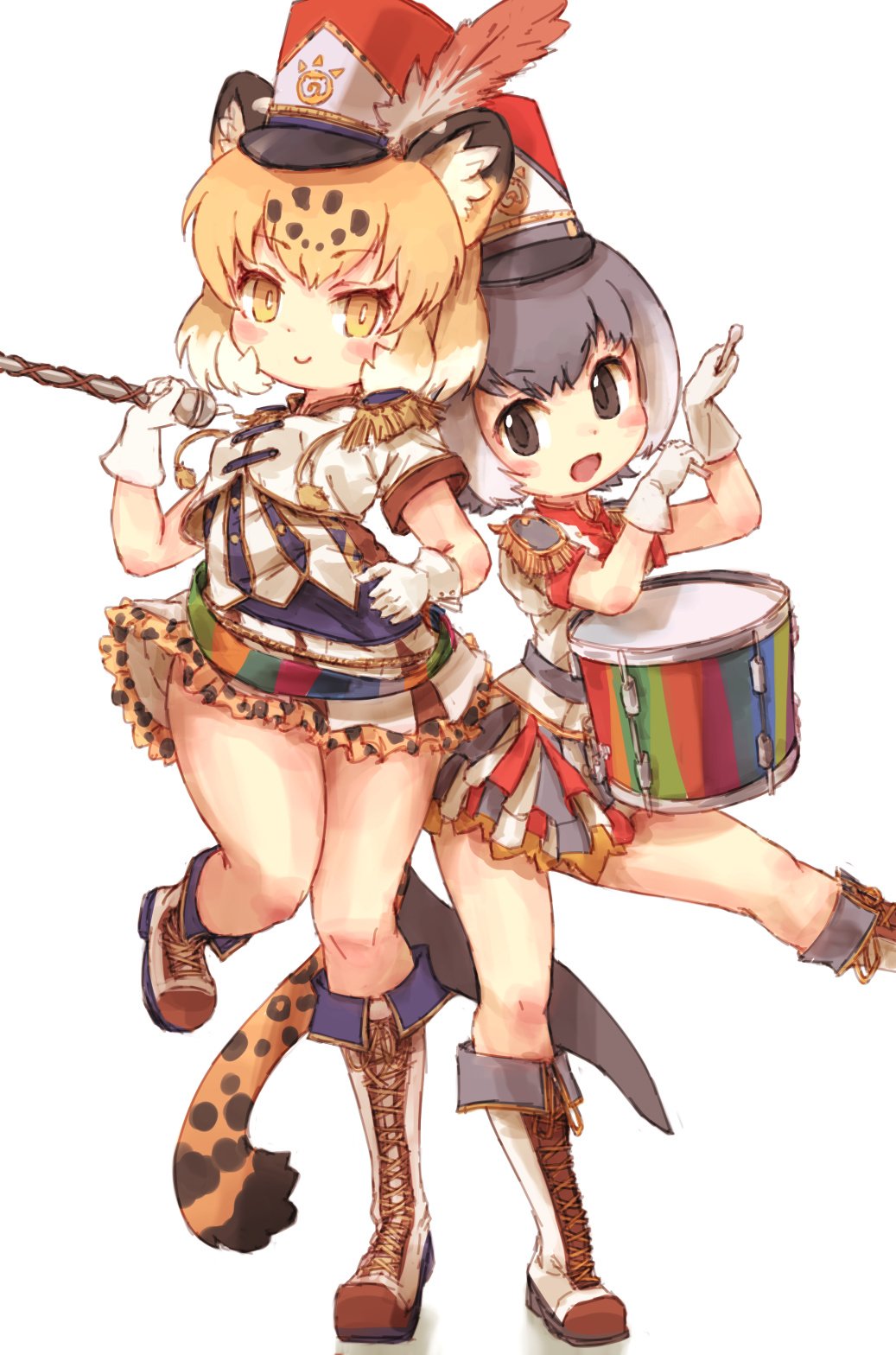 alternate_costume animal_ear_fluff animal_ears blonde_hair blush boots commentary_request cross-laced_footwear drum drumsticks epaulettes eyebrows_visible_through_hair feathers frilled_skirt frills gloves grey_hair highres instrument jaguar_(kemono_friends) jaguar_ears jaguar_print jaguar_tail kemono_friends kemono_friends_festival kolshica marching_band marching_band_baton multicolored_hair multiple_girls otter_ears otter_tail pleated_skirt short_hair short_sleeves skirt small-clawed_otter_(kemono_friends) standing standing_on_one_leg tail white_hair