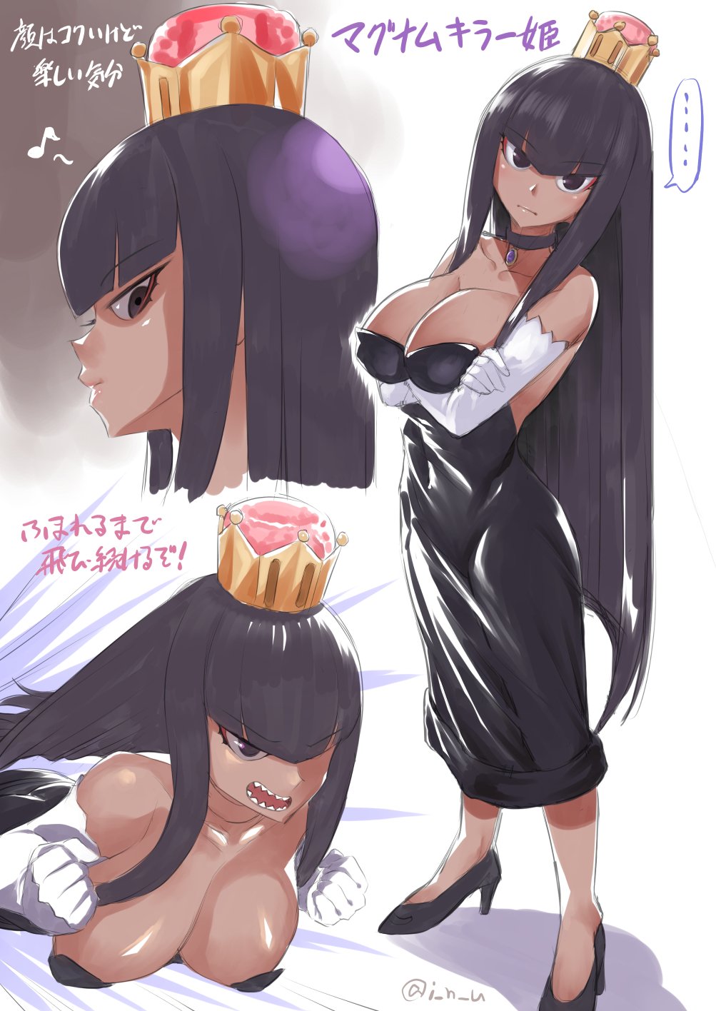 1girl black_dress black_eyes black_hair breasts bullet_bill cleavage closed_mouth crossed_arms crown dark_skin dress elbow_gloves expressions eyebrows_visible_through_hair gloves high_heels highres inu_(aerodog) large_breasts long_hair looking_at_viewer looking_away mario_(series) musical_note new_super_mario_bros._u_deluxe open_mouth solo speech_bubble spoken_ellipsis super_crown teeth translation_request twitter_username white_gloves