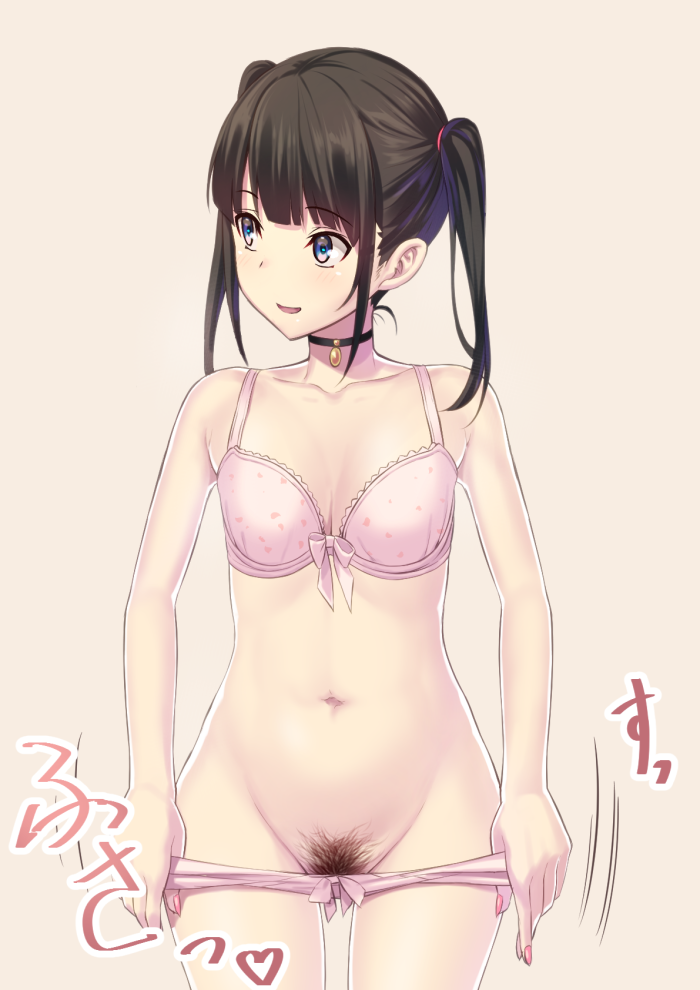 :d black_hair blue_eyes bra breasts choker cleavage ese_shinshi groin nail_polish navel open_mouth original panties pink_background pink_bra pink_nails pink_panties pubic_hair simple_background smile solo twintails underwear underwear_only undressing