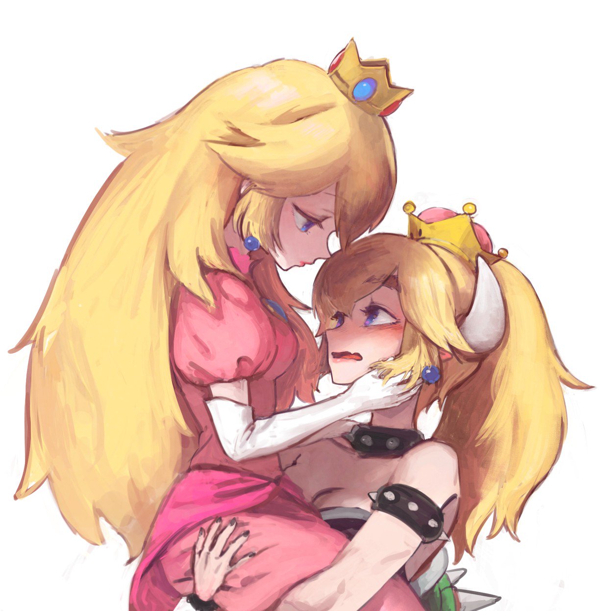 blonde_hair blue_eyes blush bowsette bracelet breasts cleavage collar commentary_request crown dress fang highres horns hoshi_taiji jewelry long_hair mario_(series) multiple_girls new_super_mario_bros._u_deluxe person_carrying pink_dress ponytail princess_peach spiked_armlet spiked_bracelet spiked_collar spiked_shell spikes super_crown super_mario_bros. yuri