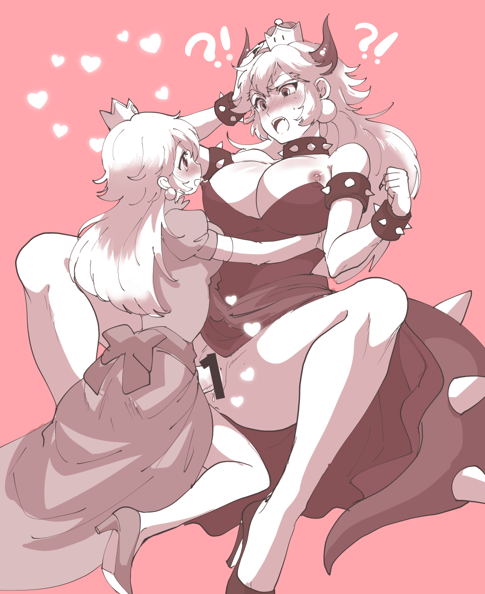 2girls bangs bar_censor blush bow bowsette bracelet censored collar commentary_request crown dildo dress earrings heart height_difference high_heels horns jewelry lizard_tail long_hair looking_at_another mario_(series) monochrome multiple_girls new_super_mario_bros._u_deluxe object_insertion open_mouth pink_background princess_peach puffy_short_sleeves puffy_sleeves sex short_sleeves spiked_armlet spiked_bracelet spiked_collar spiked_tail spikes strap-on super_crown sweat tail toroi_(run01211) vaginal yuri
