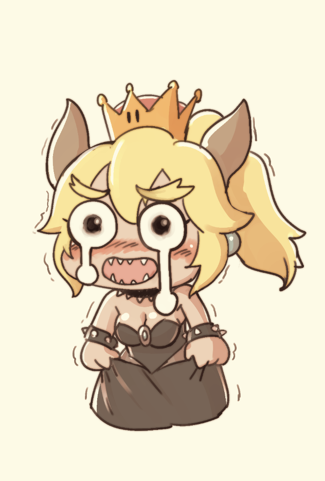 bangs bare_shoulders black_collar black_dress blonde_hair bowsette bracelet breasts chibi cleavage collar commentary_request crown crying crying_with_eyes_open dress dress_lift earrings eyebrows_visible_through_hair full_body horns jewelry large_breasts lifted_by_self long_hair mario_(series) new_super_mario_bros._u_deluxe ponytail seigetsu_kotaku sharp_teeth solo spiked_bracelet spiked_collar spikes strapless strapless_dress super_crown super_mario_rpg tears teeth thick_eyebrows trembling