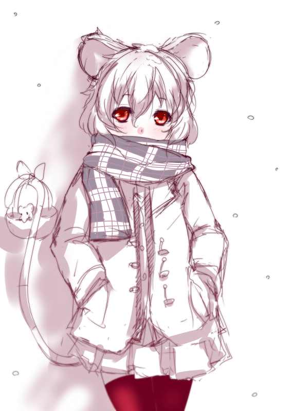 animal animal_ears casual coat cold commentary_request contemporary greyscale monochrome mouse mouse_ears mouse_tail nazrin pleated_skirt red_eyes red_legwear scarf short_hair skirt solo soubi spot_color tail thighhighs touhou white white_background winter_clothes