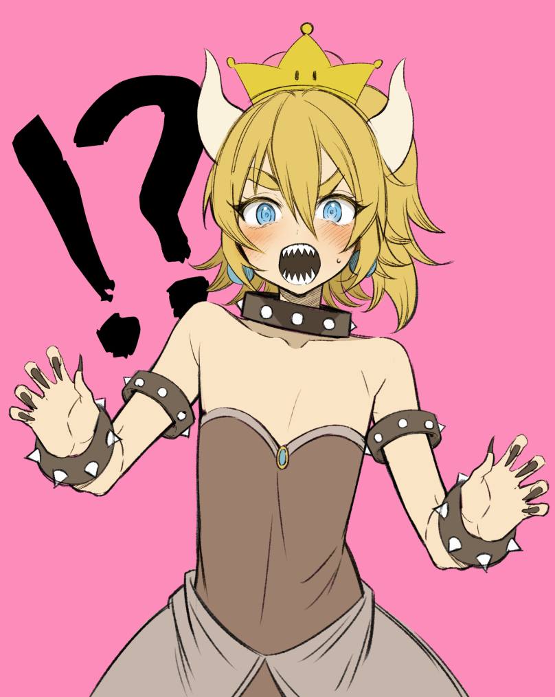 1boy bare_shoulders black_nails blonde_hair blue_eyes bowsette bracelet claw_pose crown dress earrings horns jewelry looking_at_viewer male_focus mario_(series) nail_polish new_super_mario_bros._u_deluxe open_mouth otoko_no_ko pink_background ponytail sakiyo_cake sharp_teeth simple_background solo spiked_bracelet spikes super_crown sweatdrop teeth
