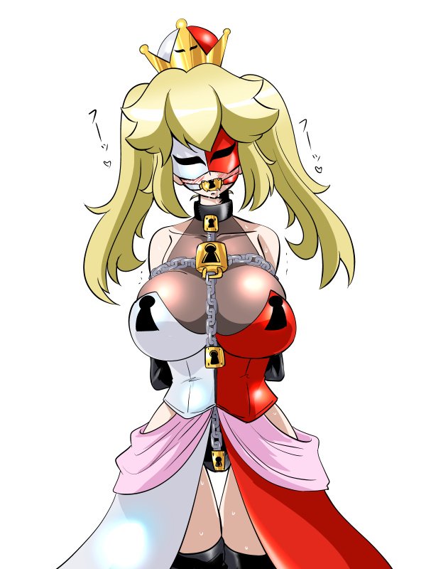 arms_behind_back bdsm blonde_hair bondage bound breasts chain commentary_request corset crown drooling face_mask gag keyhole large_breasts lock long_hair mario_(series) mask new_super_mario_bros._u_deluxe personification phanto restrained solo super_crown super_mario_bros. thighhighs trembling twintails wabuki_(ochigan)