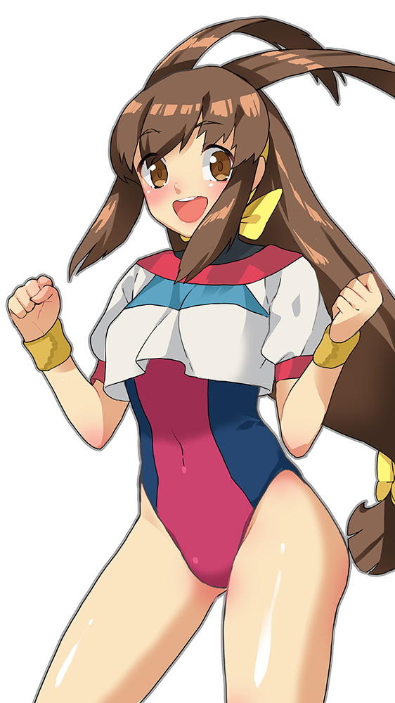 90s :d antenna_hair arched_back bangs bare_hips battle_athletes blush breasts brown_eyes brown_hair clenched_hands commentary_request contrapposto covered_navel crop_top crop_top_overhang doushimasho eyebrows_visible_through_hair eyes_visible_through_hair gym_uniform hands_up happy kanzaki_akari leotard leotard_under_clothes long_hair looking_at_viewer low-tied_long_hair medium_breasts open_mouth puffy_short_sleeves puffy_sleeves raised_eyebrows round_teeth shiny shiny_hair short_sleeves sidelocks simple_background smile solo standing tareme teeth very_long_hair w_arms white_background