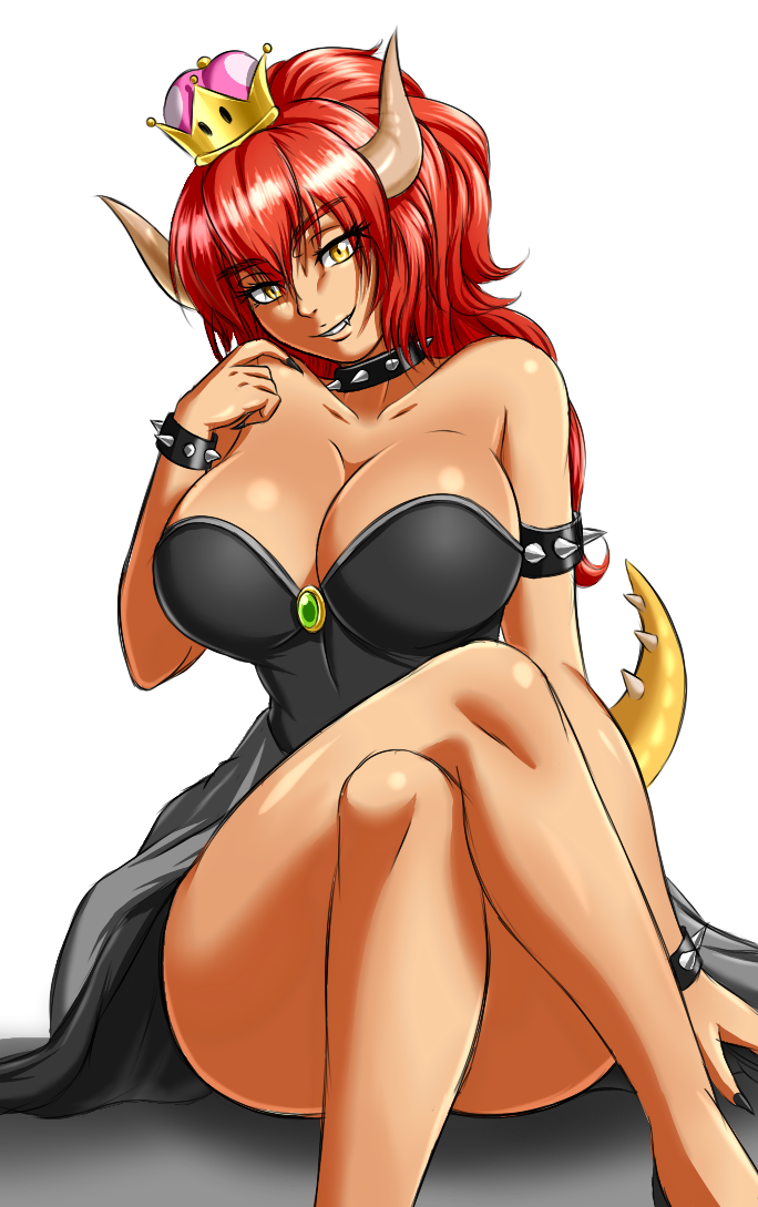 1girl :d bare_shoulders borrowed_character bowsette breasts brooch claws crown eyebrows_visible_through_hair eyes_visible_through_hair fangs hair_between_eyes horns jewelry large_breasts long_hair mario_(series) monster_girl nintendo open_mouth ponytail red_hair smile solo spiked_tail spikes super_mario_bros. tail teeth yellow_eyes zantyarz