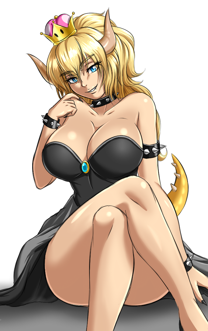 1girl :d bare_shoulders blonde_hair blue_eyes borrowed_character bowsette bracelet breasts brooch claws collar crown eyebrows_visible_through_hair eyes_visible_through_hair fangs hair_between_eyes horns jewelry large_breasts long_hair mario_(series) monster_girl nintendo open_mouth ponytail smile solo spiked_armlet spiked_bracelet spiked_collar spiked_tail spikes super_mario_bros. tail teeth zantyarz