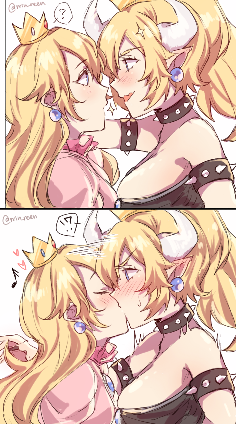 2koma armlet bare_shoulders black_collar black_dress black_nails blonde_hair blue_eyes blush bowsette breasts cleavage closed_eyes collar comic commentary_request crown dress ear_blush earrings fingernails from_side highres horns jewelry kiss large_breasts looking_at_another mario_(series) multiple_girls nail_polish new_super_mario_bros._u_deluxe open_mouth pink_dress pointy_ears princess_peach sharp_fingernails sharp_teeth spiked_armlet spiked_collar spikes strapless strapless_dress super_crown super_mario_bros. surprise_kiss surprised sweatdrop teeth yukari_(bryleluansing) yuri