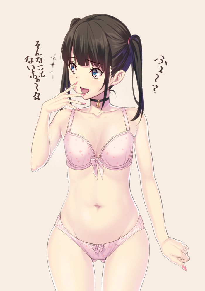 :d bangs black_hair blue_eyes bra breasts choker cleavage ese_shinshi eyebrows_visible_through_hair hair_between_eyes nail_polish navel open_mouth original panties pink_background pink_bra pink_nails pink_panties simple_background small_breasts smile solo translation_request twintails underwear underwear_only