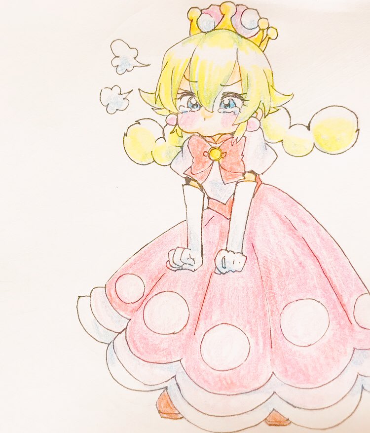 blonde_hair blue_eyes blush bow braid cheek_bulge clenched_hands colored_pencil_(medium) commentary crown dress frown gloves hair_between_eyes long_hair mario_(series) new_super_mario_bros._u_deluxe peachette pout puffy_short_sleeves puffy_sleeves scan shibira=umine short_sleeves simple_background solo super_crown tears traditional_media twin_braids white_gloves
