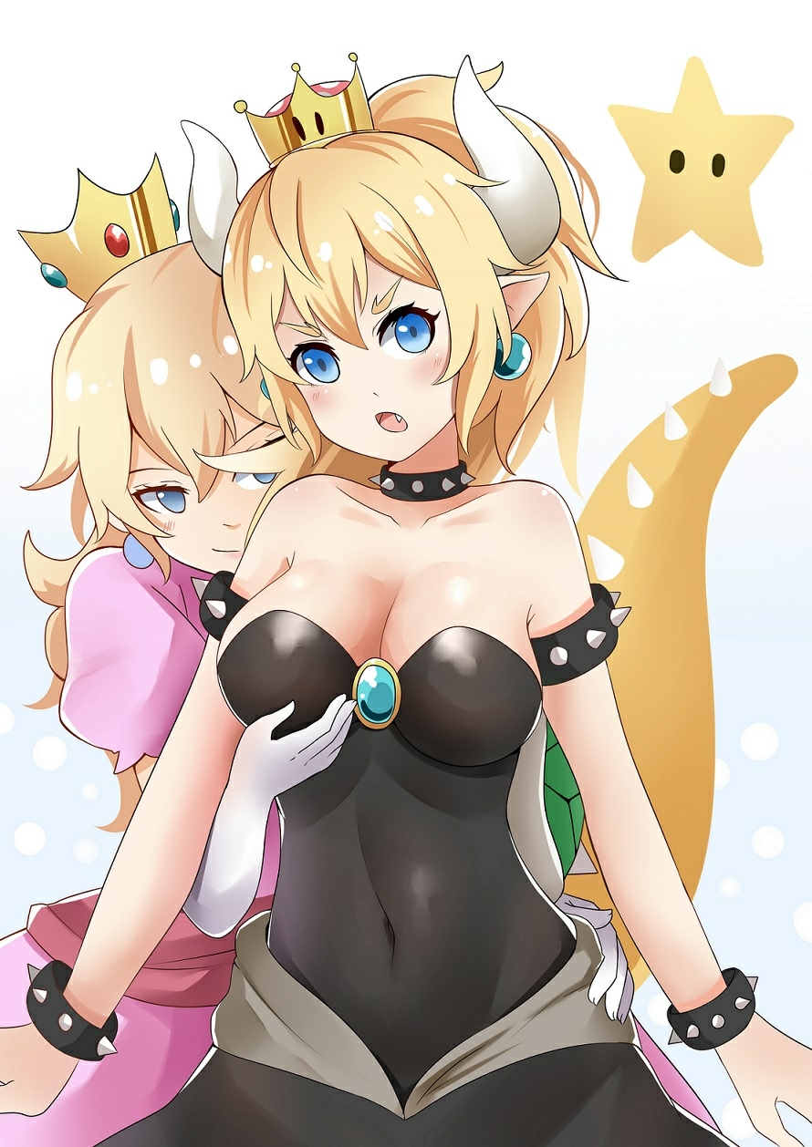 armlet bare_shoulders black_dress blonde_hair blue_eyes bowsette bracelet breast_grab breasts collar covered_navel crown dress earrings elbow_gloves fang gem gloves grabbing hair_between_eyes hand_on_another's_hip highres horns jewelry large_breasts looking_at_viewer mario_(series) mihoazuazu.1996 multiple_girls naughty_face new_super_mario_bros._u_deluxe open_mouth pink_dress pointy_ears ponytail princess_peach puffy_short_sleeves puffy_sleeves short_sleeves spiked_bracelet spiked_collar spiked_tail spikes starman_(mario) strapless strapless_dress super_crown super_mario_bros. tail turtle_shell white_gloves yuri