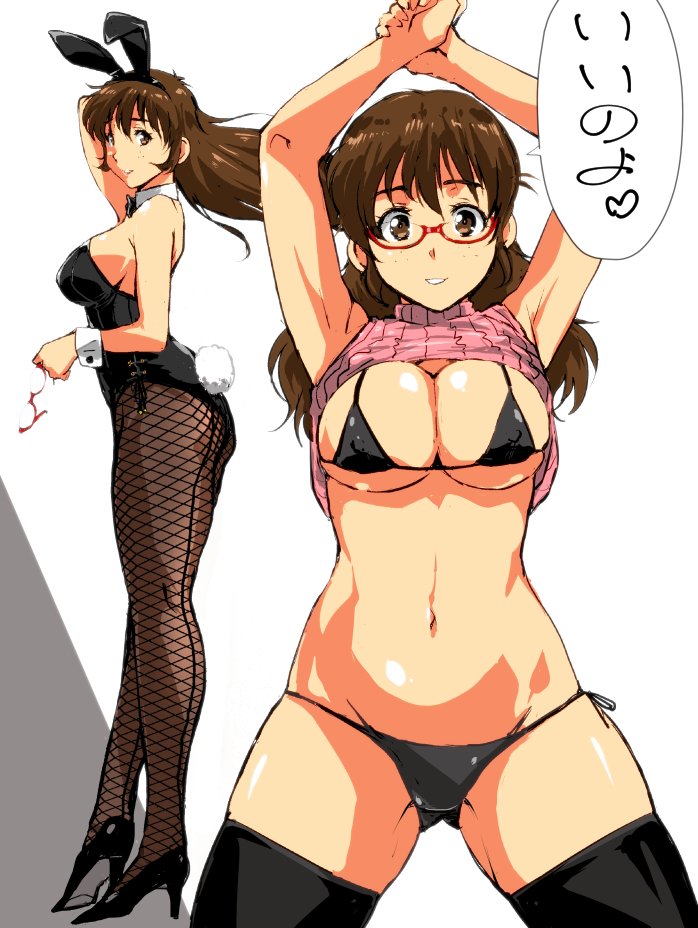 animal_ears armpits arms_up ass_visible_through_thighs bangs bikini black_bikini black_bow black_footwear black_hairband black_legwear black_leotard bow bowtie breasts brown_eyes brown_hair bunny_ears bunny_girl bunny_tail bunnysuit clothes_lift commentary covered_nipples eyebrows eyebrows_visible_through_hair eyewear_removed fake_animal_ears fishnet_pantyhose fishnets freckles glasses groin hairband high_heels holding holding_eyewear jpeg_artifacts kneepits large_breasts legs leotard long_hair looking_at_viewer micro_bikini multiple_views navel original pantyhose pink_sweater presenting red-framed_eyewear ribbed_sweater side-tie_bikini sideboob skindentation smile speech_bubble standing strapless strapless_leotard sweater sweater_lift swimsuit tail thighhighs thighs translated two-tone_background yuya