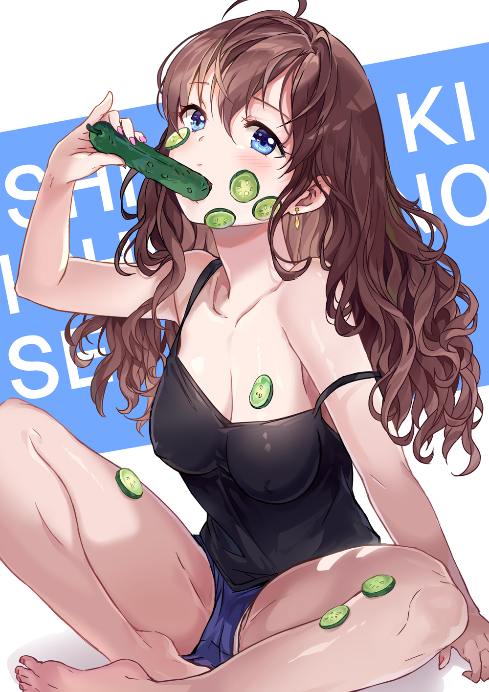 ahoge bangs barefoot black_tank_top blue_eyes breasts brown_hair character_name cleavage collarbone commentary covered_nipples cucumber cucumber_slice earrings eating food food_on_body food_on_face highres holding holding_food ichinose_shiki idolmaster idolmaster_cinderella_girls jewelry long_hair looking_at_viewer md5_mismatch medium_breasts nail_polish pink_nails saya_(mychristian2) short_shorts shorts sitting solo spread_legs strap_slip tank_top wavy_hair