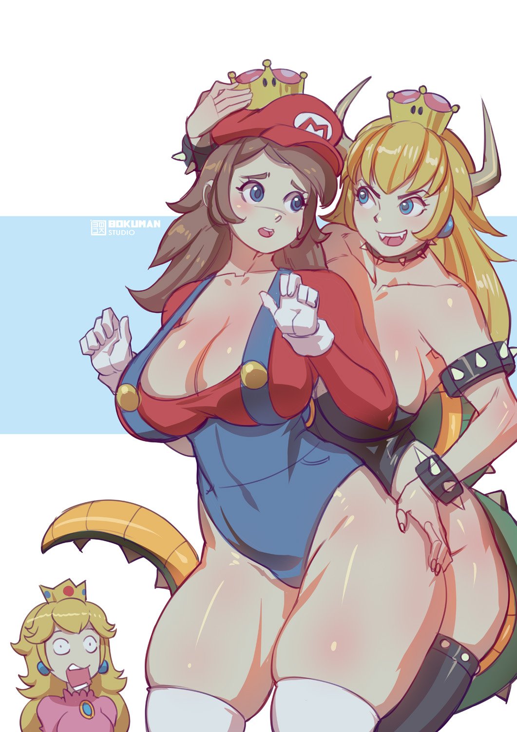 aqua_eyes artist_name bangs bare_shoulders behind_another black_legwear black_leotard blonde_hair blue_background blue_eyes blue_leotard blush bokuman borrowed_character bowsette bracelet brown_hair cabbie_hat collar collarbone commentary cowboy_shot crown dress earrings english_commentary fangs genderswap genderswap_(mtf) gloves hand_on_another's_hip hands_up hat highleg highleg_leotard highres horns jaw_drop jewelry leotard long_hair long_sleeves mario mario_(series) multiple_girls nervous new_super_mario_bros._u_deluxe open_mouth overalls pink_dress plump princess_peach red_shirt round_teeth sharp_teeth shiny shiny_clothes shiny_hair shiny_skin shirt sketch smile spiked_bracelet spiked_collar spiked_shell spiked_tail spikes strapless strapless_leotard super_crown surprised swept_bangs tail teeth thick_thighs thighhighs thighs two-tone_background white_background white_gloves white_legwear wide_hips yuri