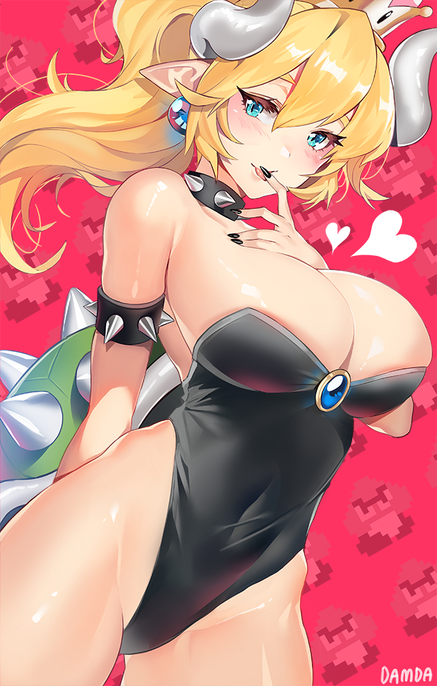 armlet bangs bare_shoulders black_leotard black_nails blonde_hair blue_eyes blush bowsette breasts brooch cleavage collar collarbone commentary_request covered_navel crown damda eyelashes goomba hair_between_eyes heart highleg highleg_leotard hips horns jewelry large_breasts leotard long_hair looking_at_viewer mario_(series) nail_polish new_super_mario_bros._u_deluxe pink_background pixelated pointy_ears ponytail smile solo spiked_collar spiked_shell spikes super_crown teeth tongue tongue_out turtle_shell