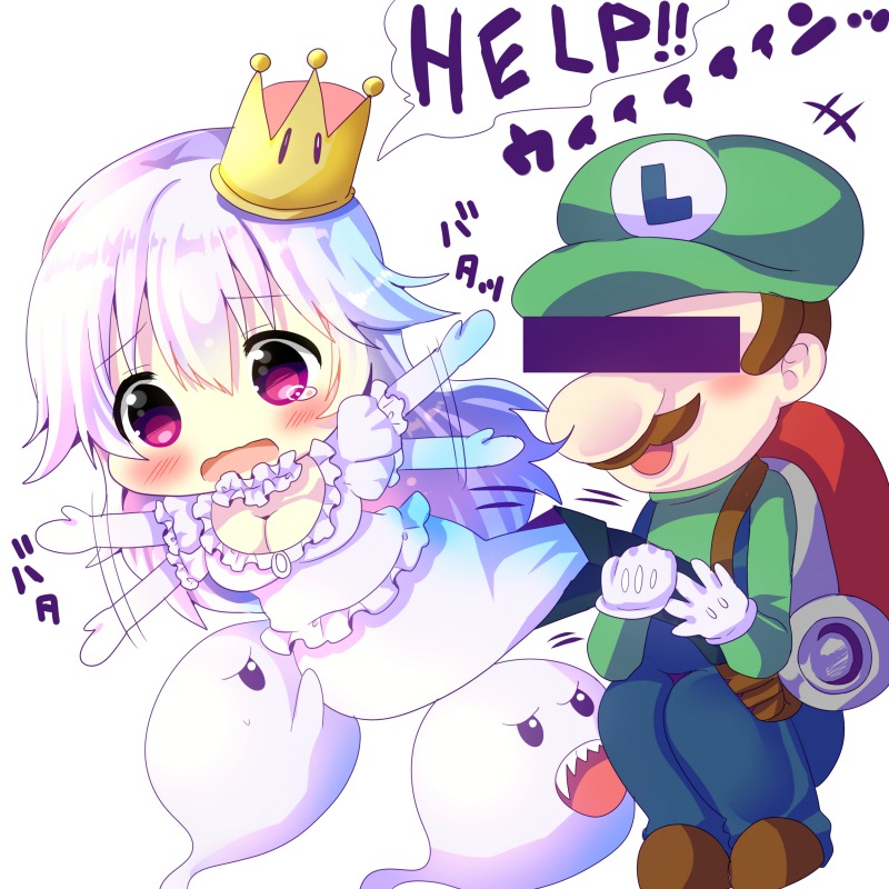 1boy 1girl afterimage backpack bag bangs blue_overalls blush boo breasts brown_footwear censored chibi chocolat_(momoiro_piano) cleavage commentary_request crown dress elbow_gloves english eyebrows_visible_through_hair flailing flat_cap gloves green_hat green_shirt hair_between_eyes hat identity_censor large_breasts long_hair long_sleeves luigi luigi's_mansion mario_(series) mini_crown new_super_mario_bros._u_deluxe open_mouth overalls princess_king_boo puffy_short_sleeves puffy_sleeves purple_eyes sharp_teeth shirt short_sleeves silver_hair simple_background squatting super_crown sweat tears teeth tilted_headwear translation_request vacuum_cleaner very_long_hair white_background white_dress white_gloves