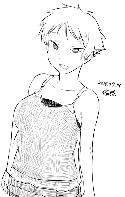 :d bare_arms bare_shoulders breasts camisole dated eyebrows_visible_through_hair greyscale large_breasts looking_at_viewer monochrome open_mouth original short_hair signature simple_background smile solo tsukudani_(coke-buta) tsurime-chan white_background