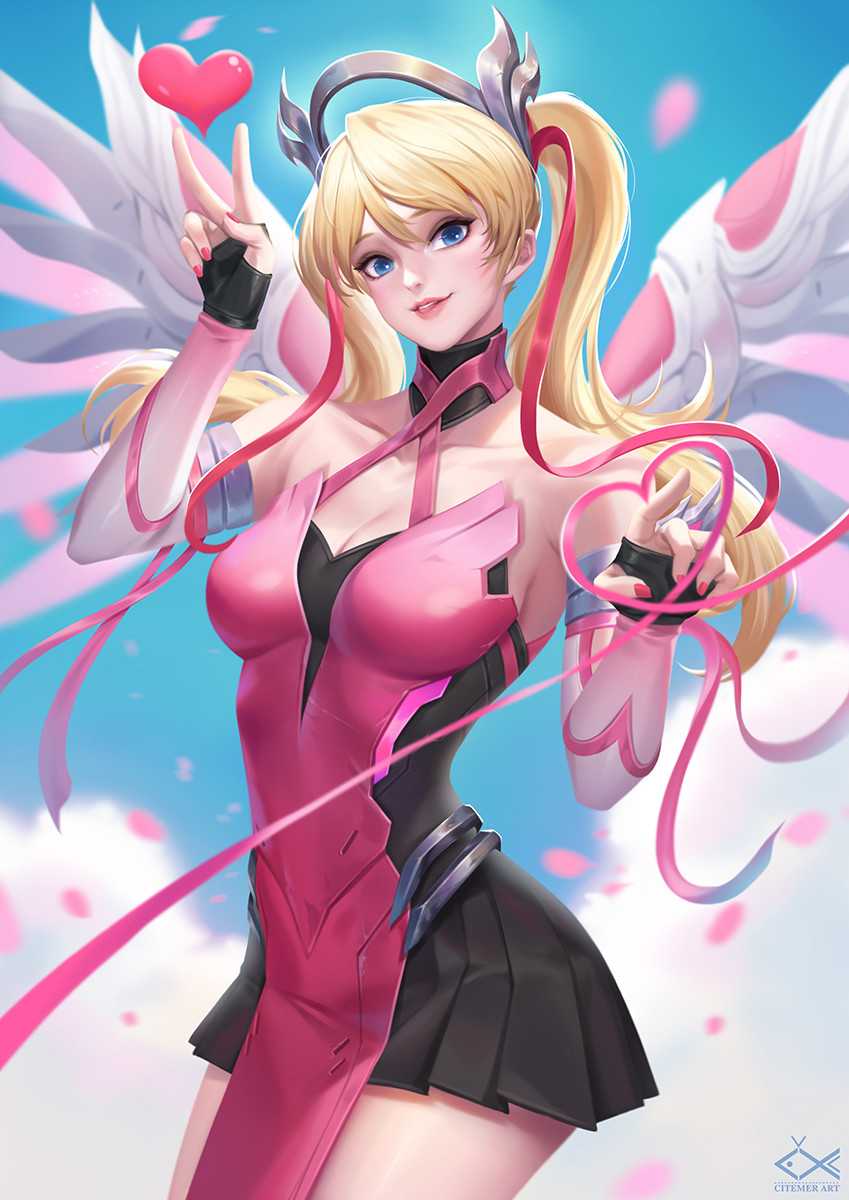 alternate_costume alternate_hairstyle artist_name bangs bare_shoulders blonde_hair blue_eyes blue_sky blurry breasts citemer cleavage cloud cowboy_shot criss-cross_halter dress elbow_gloves falling_petals fingerless_gloves gloves halterneck headgear heart highres logo looking_at_viewer mechanical_wings medium_breasts mercy_(overwatch) miniskirt nail_polish outdoors overwatch pink_dress pink_mercy pink_nails pink_ribbon pleated_skirt ribbon skirt sky twintails v wings