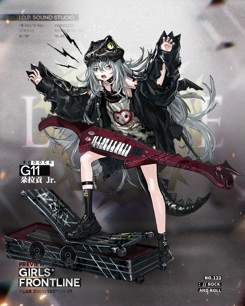 alternate_costume amplifier arms_up assault_rifle baggy_clothes bangs belt black_footwear black_jacket black_shorts blush blush_stickers braid brown_eyes buckle character_name claw_pose clothes_writing dinosaur dinosaur_tail eyebrows_visible_through_hair fake_tail fake_wings floating_hair full_body g11 g11_(girls_frontline) girls_frontline grey_shirt gun hair_between_eyes hair_over_shoulder half-closed_eyes hat heckler_&amp;_koch infukun instrument jacket jurassic_park keychain keytar leather_choker leg_up long_hair looking_at_viewer messy_hair multiple_belts nail_polish off_shoulder official_art open_clothes open_mouth parody red_nails rifle roaring rocker-chic shirt shoes short_shorts shorts side_braid sidelocks silver_hair sleeveless sleeveless_shirt sneakers socks solo tail teeth tongue torn_clothes torn_jacket torn_shirt very_long_hair weapon weapon_case wings