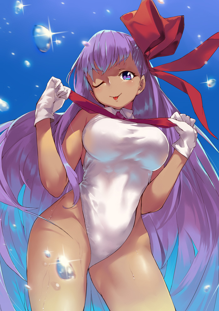 bangs bb_(fate)_(all) bb_(swimsuit_mooncancer)_(fate) blush breasts commentary_request fate/grand_order fate_(series) gloves hair_ribbon highleg highleg_leotard hips large_breasts leotard long_hair looking_at_viewer ohland one_eye_closed purple_eyes purple_hair red_ribbon ribbon smile solo tan thighs tongue tongue_out very_long_hair water_drop white_gloves white_leotard