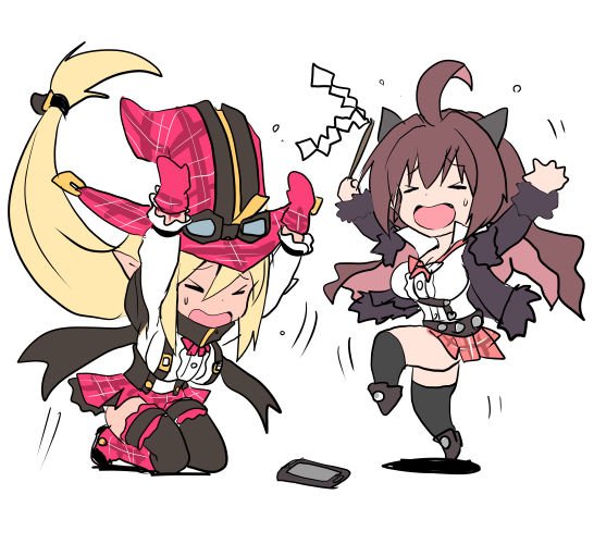 2girls asahi blonde_hair blush breasts brown_hair cellphone chibi dancing female hat horns jumping large_breasts lilith-soft long_hair magical_girl magical_girl_lilith multiple_girls open_mouth phone pointy_ears praying rina_(taimanin_asagi) simple_background skirt smartphone smile sweat taimanin_(series) taimanin_asagi taimanin_asagi_battle_arena taimanin_rpgx translation_request white_background witch_hat