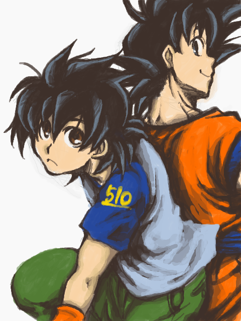 black_eyes black_hair blue_shirt brown_eyes dragon_ball dragon_ball_z expressionless father_and_son green_pants happy hotate_(suikaneko) looking_back male_focus multiple_boys number number_pun older pants profile shirt short_hair simple_background smile son_gokuu son_goten spiked_hair white_background wristband