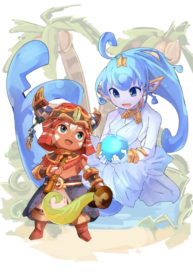 1girl ahoge blue_eyes blue_skin commentary_request dark_skin dark_skinned_male ever_oasis geetgeet horned_headwear horns isuna_(ever_oasis) jewelry mermaid monster_girl pointy_ears sword tethu tree water weapon