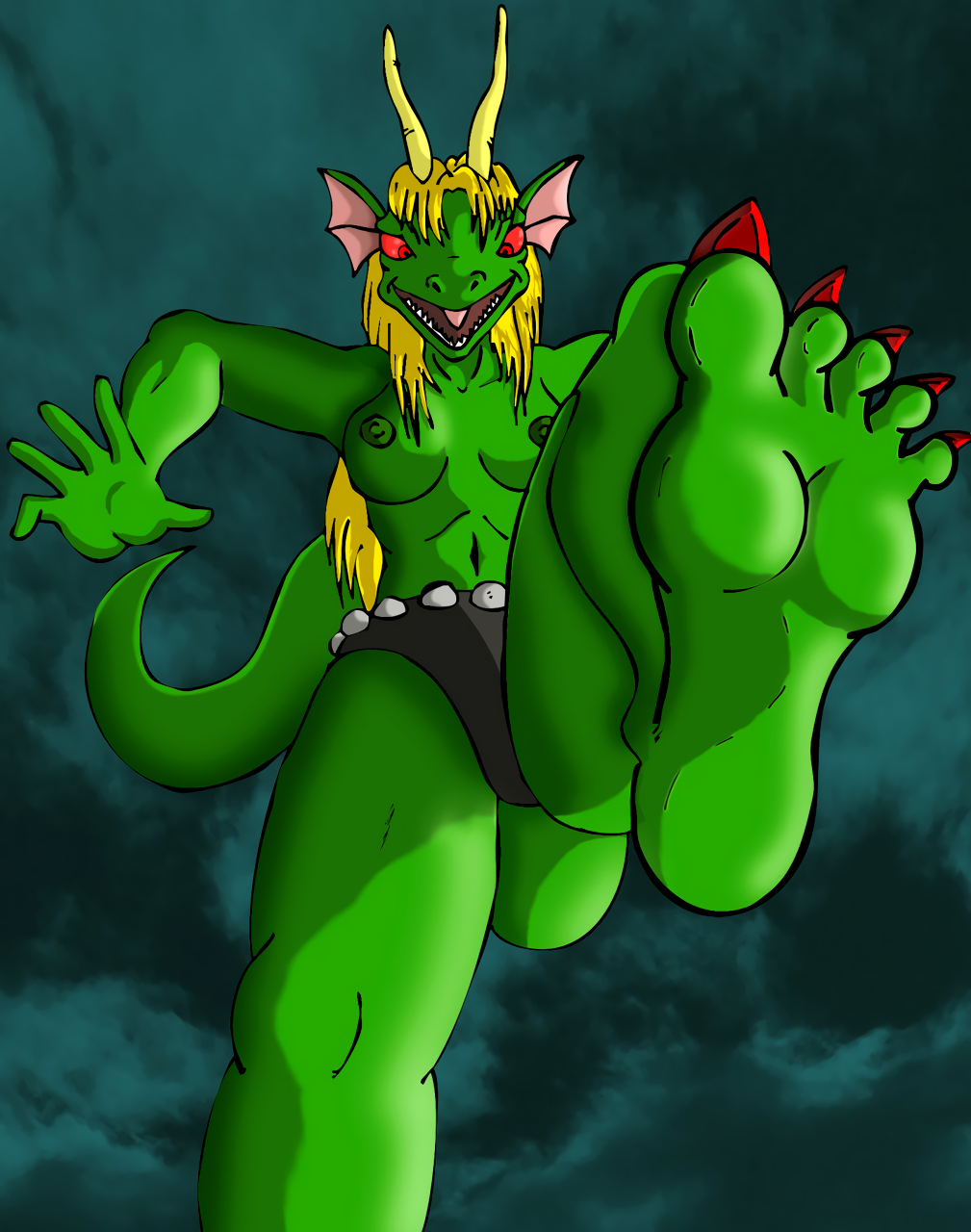 5_toes anthro breasts clothed clothing dragon female foot_focus horn low-angle_view macro mina_(zp92) nipples plantigrade scalie solo stomping toes topless worm's-eye_view zp92