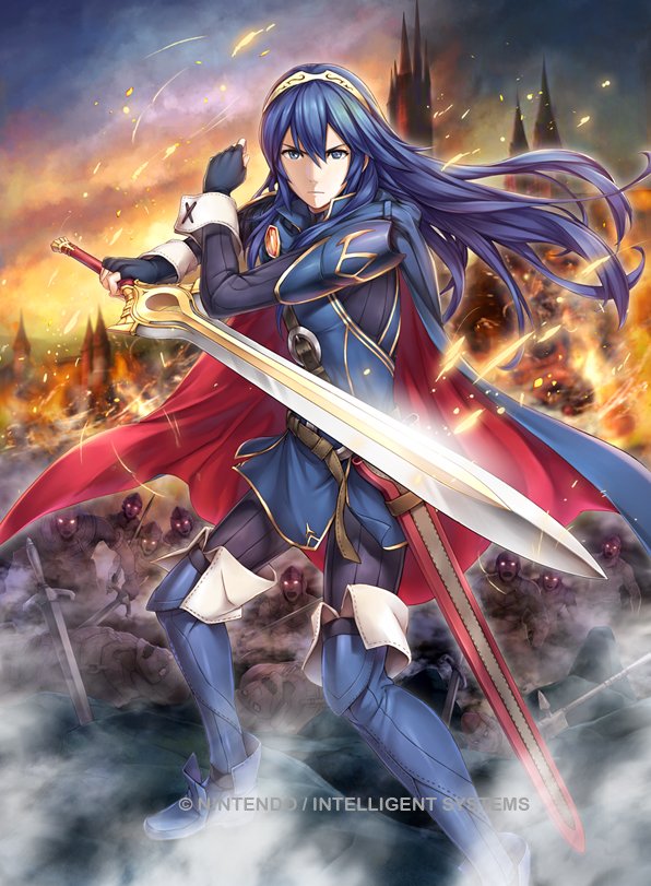 axe blue_cape blue_eyes blue_hair boots cape castle commentary_request embers falchion_(fire_emblem) fingerless_gloves fire fire_emblem fire_emblem:_kakusei fire_emblem_cipher gloves glowing glowing_eyes holding holding_sword holding_weapon leggings long_hair lucina official_art planted_sword planted_weapon polearm serious sheath solo spear sword thigh_boots thighhighs tiara weapon yamada_koutarou zombie