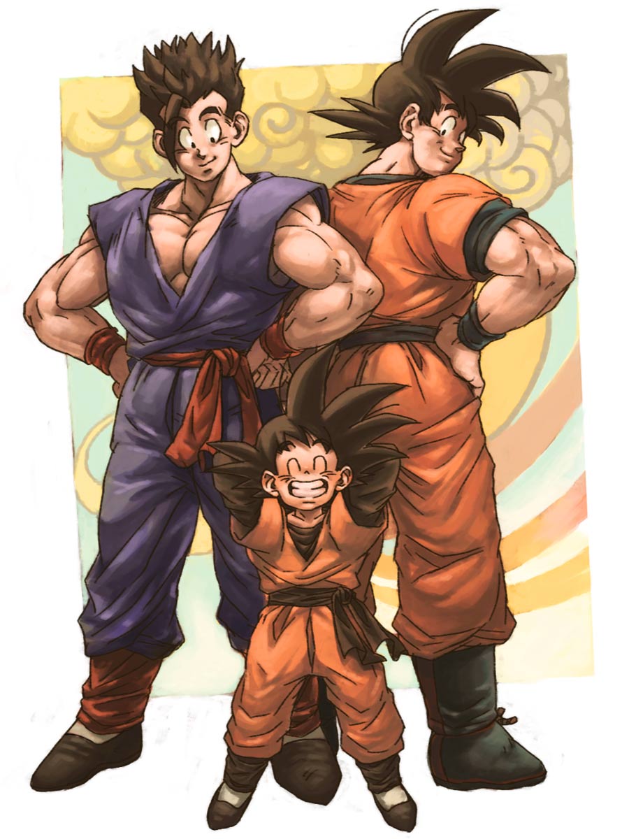 arms_behind_head arms_up black_hair brothers closed_eyes dougi dragon_ball dragon_ball_z father_and_son full_body grin hand_on_hip happy height_difference highres long_sleeves looking_back looking_down makumaku male_focus multiple_boys short_hair siblings sleeveless smile son_gohan son_gokuu son_goten spiked_hair standing wristband