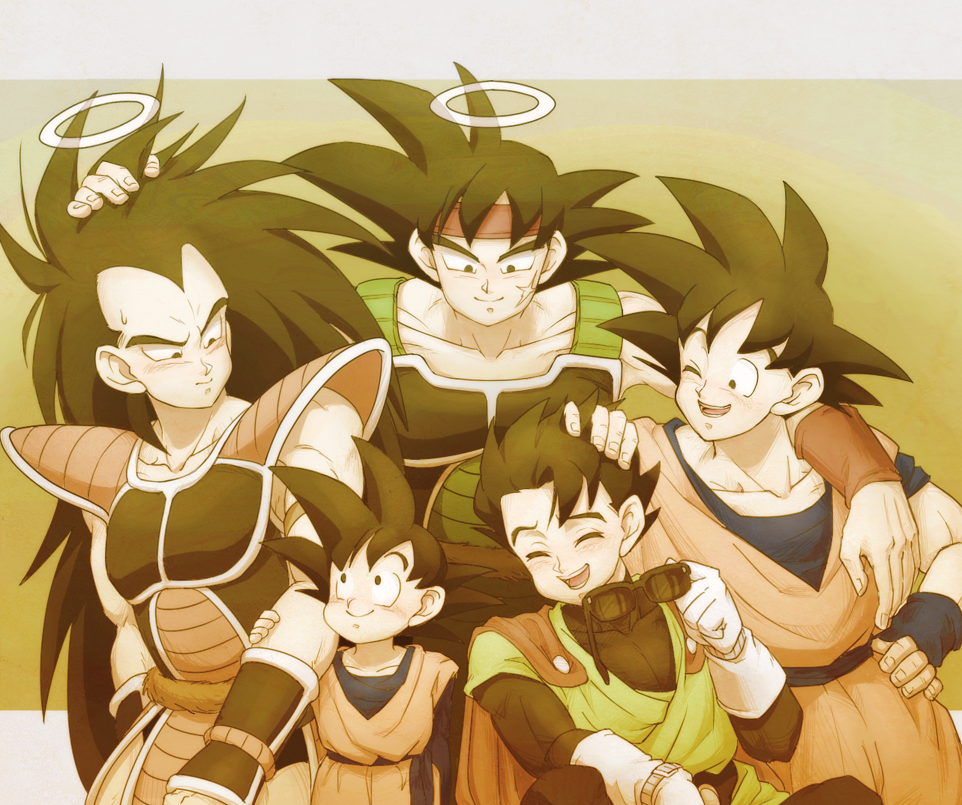 :d ;d ^_^ arm_around_shoulder armor bandana bardock black_hair brothers closed_eyes dougi dragon_ball dragon_ball_z eyewear_removed family father_and_son fingernails gloves grandfather_and_grandson great_saiyaman grey_background hakidame_(kouki_300) halo hand_on_another's_arm hand_on_another's_head hand_on_hip happy holding holding_eyewear long_hair looking_at_another looking_down male_focus multiple_boys nervous one_eye_closed open_mouth raditz scar short_hair siblings simple_background smile son_gohan son_gokuu son_goten spiked_hair standing sunglasses sweatdrop teeth uncle_and_nephew upper_body very_long_hair wristband
