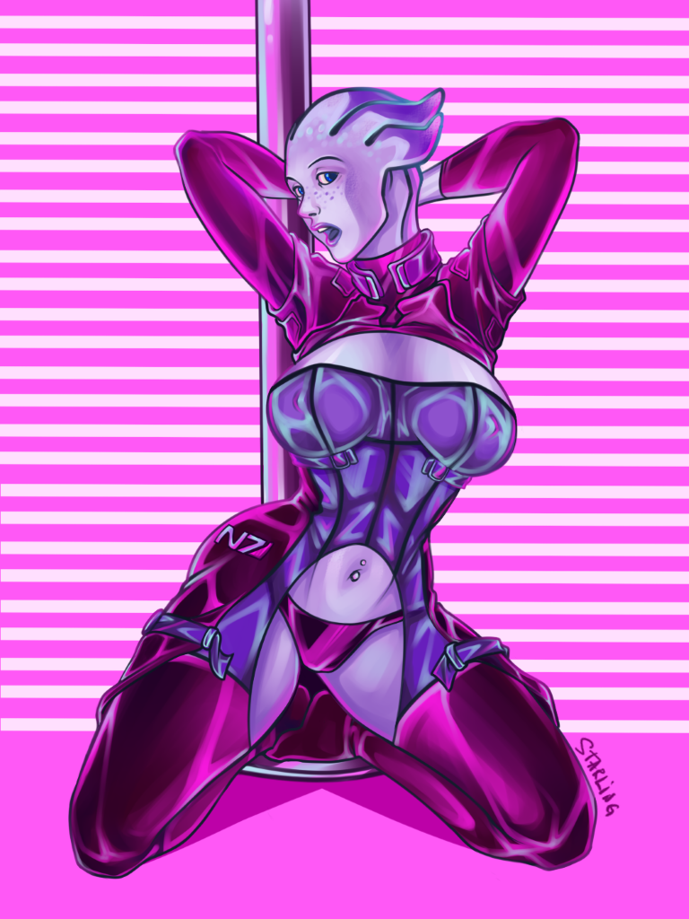 asar clothed clothing female kate_starling kneeling liara_t'soni mass_effect navel navel_piercing nipples not_furry open_mouth panties piercing pole solo stripper stripper_pole tight_clothing underwear video_games