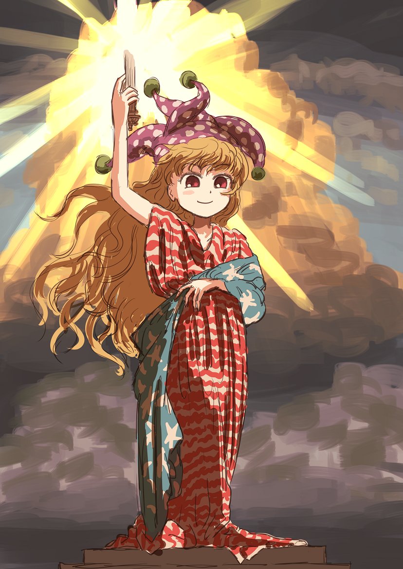 arm_up blonde_hair clownpiece columbia_pictures hat jester_cap kindei_(kondei26) long_hair parody red_eyes smile solo touhou