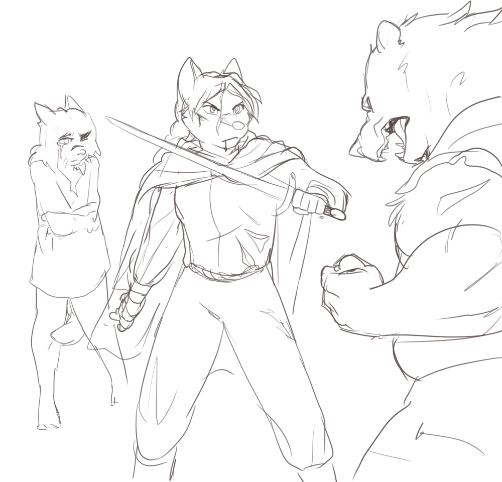 bear black_eye blood canine cape car clothed clothing crying eyebrows female fight fully_clothed hair holding_object holding_weapon jailbird katja_(baldrek) long_hair mammal melee_weapon monochrome sketch sword tagme tears vehicle weapon wolf