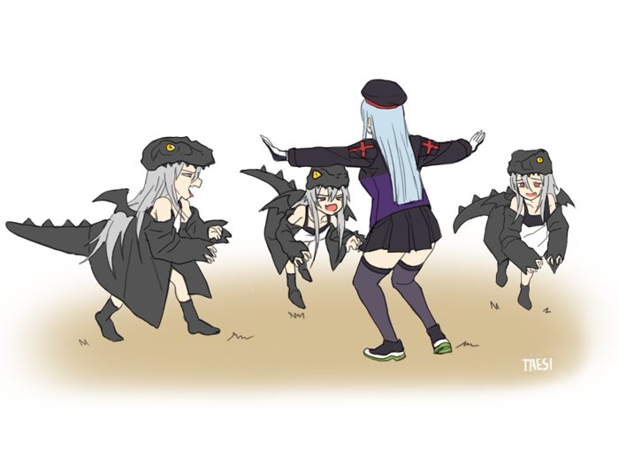alternate_costume animal_hood beret boots commentary_request dual_persona g11_(girls_frontline) girls_frontline hat hk416_(girls_frontline) hood jurassic_world korean_commentary multiple_girls outstretched_arms parody pose prattkeeping style_parody taesi3 tail thighhighs wings