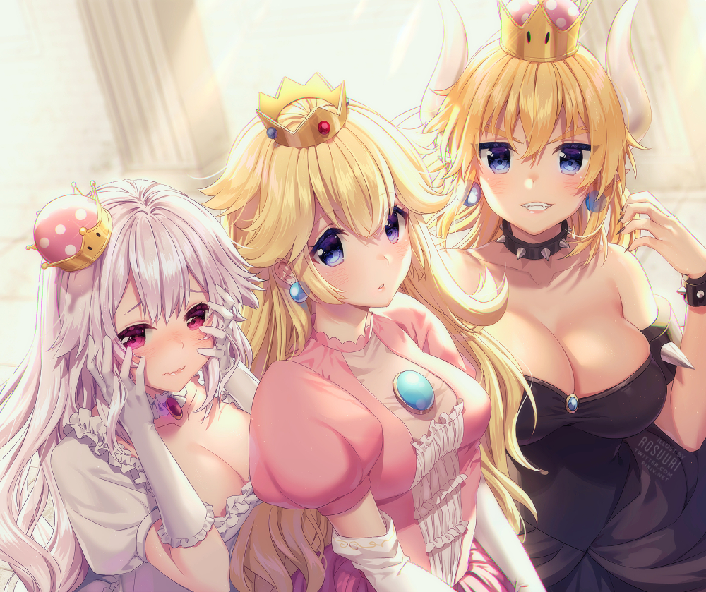 armlet bangs bare_shoulders black_dress black_nails blonde_hair blue_eyes blush bowsette bracelet breasts cleavage collar collarbone commentary crown dress earrings elbow_gloves eyebrows_visible_through_hair fingernails frilled_dress frilled_gloves frills girl_sandwich gloves grin hair_between_eyes hands_on_own_cheeks hands_on_own_face horns jewelry large_breasts long_hair looking_at_viewer luigi's_mansion mario_(series) mini_crown multiple_girls nail_polish new_super_mario_bros._u_deluxe parted_lips pink_dress ponytail princess_king_boo princess_peach puffy_short_sleeves puffy_sleeves purple_eyes red_eyes rosuuri sandwiched sharp_teeth short_sleeves silver_hair smile spiked_bracelet spiked_collar spikes strapless strapless_dress super_crown teeth tilted_headwear very_long_hair wavy_mouth white_dress white_gloves