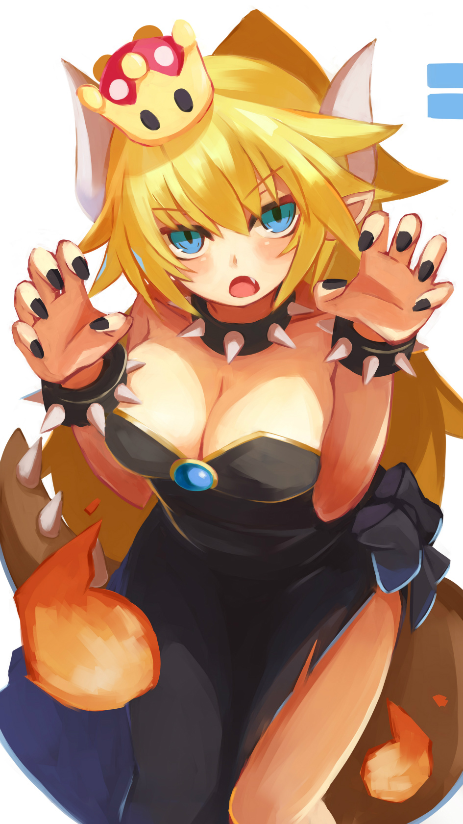 akahuzi bare_shoulders black_dress blonde_hair blue_eyes bowsette bracelet claw_pose collar crown dress fang fire highres horns jewelry looking_at_viewer mario_(series) nail_polish new_super_mario_bros._u_deluxe open_mouth pointy_ears ponytail side_slit simple_background solo spiked_bracelet spiked_collar spiked_tail spikes strapless strapless_dress super_crown tail white_background