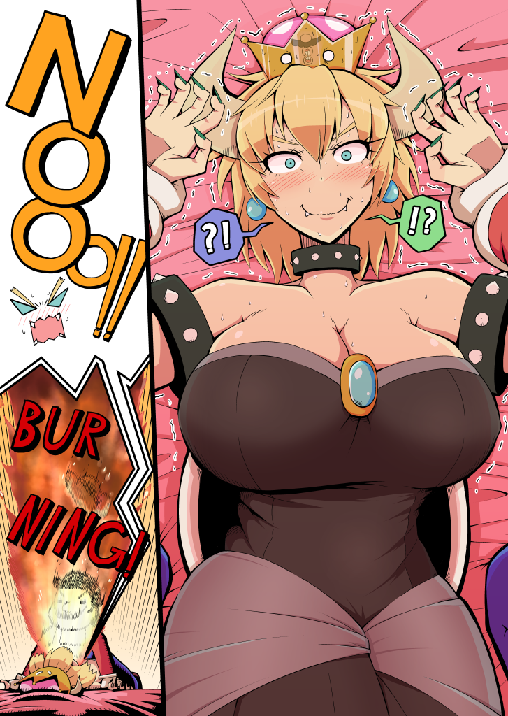 1boy 1girl aqua_earrings aqua_eyes bangs bare_shoulders black_dress blonde_hair blush bowsette bracelet breasts breathing_fire brooch cabbie_hat cleavage collar commentary_request constricted_pupils cowboy_shot crown dress embarrassed emphasis_lines english eyelashes facial_hair fangs_out fire gloves green_nails hair_between_eyes hat hat_removed head_tilt headwear_removed hips horns huge_breasts inset jewelry looking_at_viewer lying mario_(series) mustache nail_polish nervous new_super_mario_bros._u_deluxe nose_blush on_back on_bed overalls pinned pororokka_(macareo) pov puckered_lips red_shirt reflection screaming sharp_nails shell shiny shiny_hair shiny_skin shirt short_hair skindentation solo_focus spiked_bracelet spiked_collar spikes spoken_interrobang strapless strapless_dress super_crown teeth trembling white_gloves