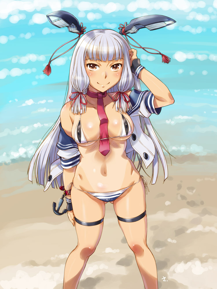 adapted_costume anchor_symbol ass_visible_through_thighs bangs bare_legs beach between_breasts bikini blue_sky blunt_bangs blush breasts brown_eyes cameltoe closed_mouth cloud collarbone commentary_request covered_nipples day feet_out_of_frame flower_knot groin hair_ribbon headgear kantai_collection legs_apart long_hair looking_at_viewer medium_breasts micro_bikini murakumo_(kantai_collection) navel necktie necktie_between_breasts ocean off_shoulder open_clothes open_shirt outdoors red_neckwear remodel_(kantai_collection) ribbon sailor_collar sameha_ikuya sand side-tie_bikini sidelocks silver_hair sky smile solo standing stomach string_bikini swimsuit swimsuit_over_clothes tan tassel thigh_strap thighs tress_ribbon wrist_straps